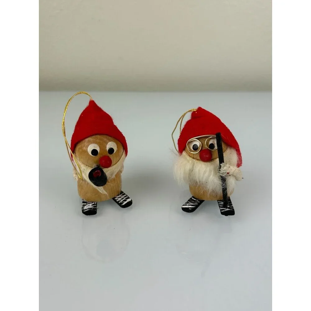 Made in Japan Wooden Skiing Gnomes Christmas Tree Ornaments Handmade Vintage Set